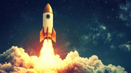 Rocket Launching into Space with Bright Flames and Smoke Under Starry Night Sky