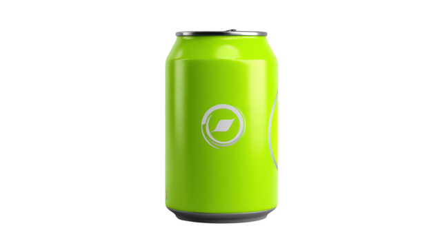 Vibrant, green beverage can, sleek design, glossy texture, white circular emblem