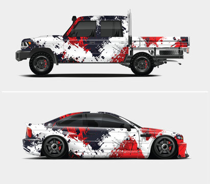 Truck and Sports Car with Abstract Red White and Black Paint Splatter
