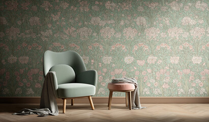 Watercolor green floral mural, vintage-style wallpaper with roses and peonies, pastel color palette, modern interior design, wall art for the living room, sitting chair, and armchair