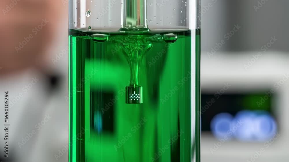 Poster macro shot on sensor calibration displaying fluid dynamics during green monopropellant preparation f