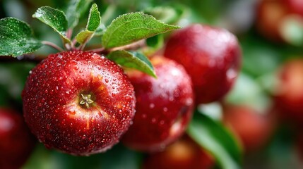 Obraz premium Fresh Red Apples on Branch with Water Droplets in Orchard
