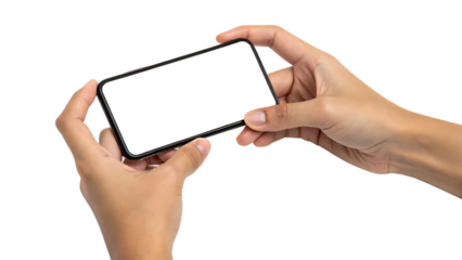 Hands holding mobile phone screen mockup using smartphone cut out PNG. AI GENERATED.
