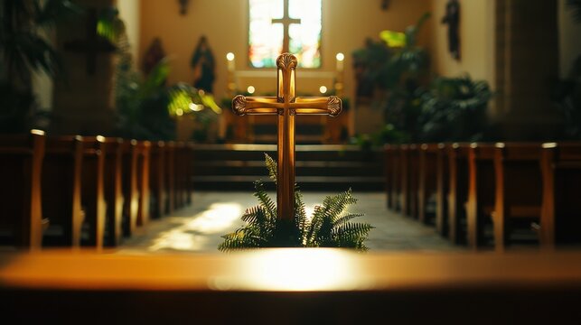 Beautiful Golden Cross in a Serene Church Interior Surrounded by Soft Natural Light and Decorative Plants