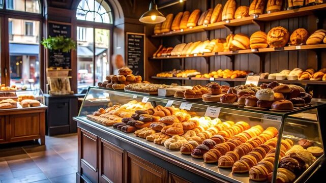 Bakery shop display with assortment of bread.
