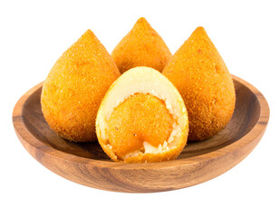  Traditional Brazilian Coxinhas Snack on Wooden Plate, Isolated on White Background