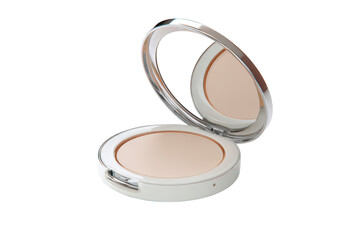 Open compact powder with mirror, white case, and pressed powder