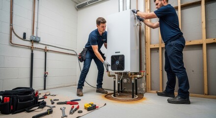 Wideangle view of a utility room midrenovation with old water heater removed and new heat pump unit being positioned by installers.