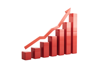 Red bar graph with upward arrow, representing positive growth on black background