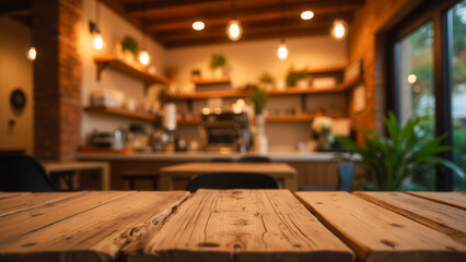 Cozy Caf&eacute; Interior with Rustic Wooden Table and Warm Lighting in a Relaxed Atmosphere