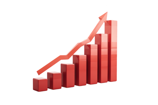 Red bar graph with upward arrow, representing positive growth on black background