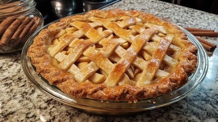 Golden Brown Apple Pie with Lattice Crust on a Marble Surface Surrounded by Cinnamon Sticks and Ingredients