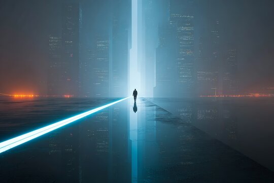 A futuristic scene depicts a lone figure walking through a tunnel towards a modern cityscape with dynamic light trails.