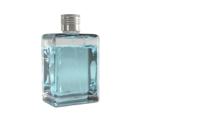 Clear square glass bottle filled with blue liquid against a dark background