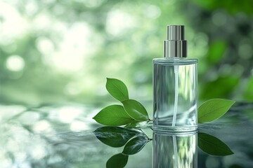 A clear perfume bottle with a silver cap is placed on a reflective surface surrounded by green leaves, creating a fresh and natural aesthetic.