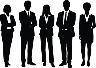 Business people silhouette in formal attire, standing group, black and white vector, leadership team concept, isolated professional corporate figures