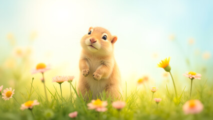 Adorable small animal standing in a field of colorful flowers during a bright sunny day