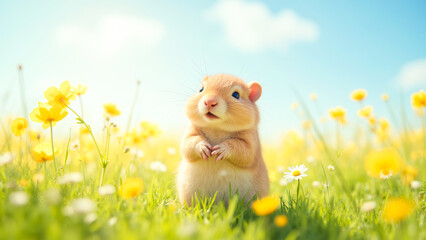 Adorable Hamster Surrounded by Bright Wildflowers in a Sunny Spring Meadow