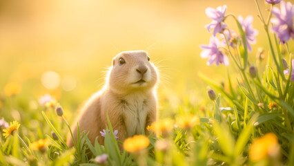 Cute Rabbit Surrounded by Colorful Wildflowers in a Sunlit Meadow at Golden Hour