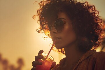 Fototapeta premium Young African woman with curly hair and sunglasses drinking a cold beverage through a straw at sunset outdoors.
