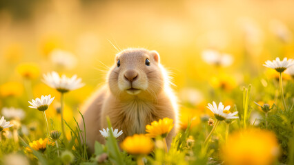 Cute Small Animal in Flower Field with Bright Yellow and White Blossoms in Soft Light
