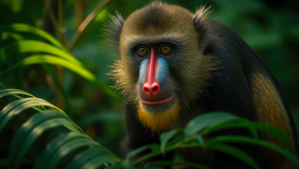 Majestic Baboon Portrait Surrounded by Lush Greenery in Natural Habitat Under Soft Light