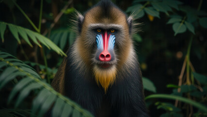 Majestic Mandrill Sitting Among Lush Green Leaves in Vibrant Jungle Setting