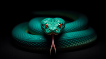 Vibrant Green Snake with Bright Eyes and Flicking Tongue on Dark Background