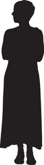 vector,silhouette front view adult woman standing dressed in long dress summer looking away and arms crossed