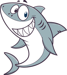 Obraz premium A vibrant and joyful illustration of a friendly cartoon shark with a wide, toothy grin, perfect for kid-friendly designs, mascots, and fun aquatic themes.