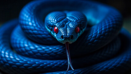 Striking Blue Snake with Vibrant Red Eyes in a Close-Up View on a Dark Background