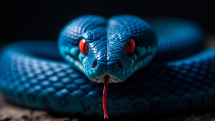 Vivid Blue Snake with Striking Red Eyes Posing on a Dark Background in Macro Photography Style