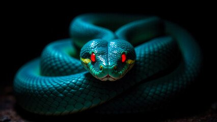 Vivid Green Snake with Striking Red Eyes Curled Calmly in Dim Light on Dark Background