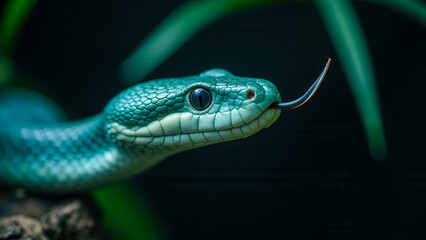 Vibrant Green Snake with Tongue Flicking Against Dark Background in Natural Habitat