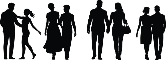 Obraz premium Silhouettes of romantic couples walking, holding hands, standing close, relationship moments, love, dating, connection, intimacy, fashion pose