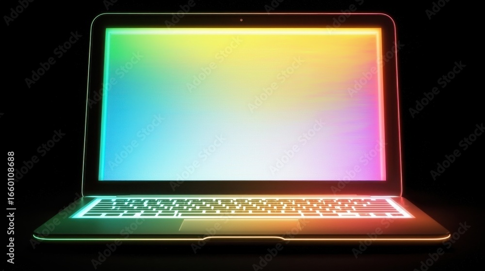 Poster colorful neon illuminated laptop screen design with abstract gradient background for creative techno