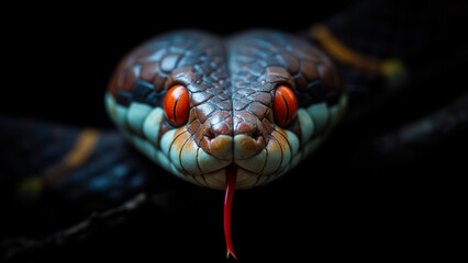 Close-Up of Colorful Snake with Bright Eyes and Flicking Tongue on Dark Background