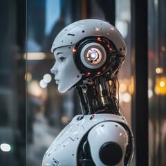 Humanoid AI agent at a minimalist futuristic workstation,