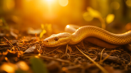 Close-up of a Snake Slithering Through an Outdoor Environment in Beautiful Sunset Light