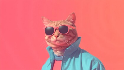 A stylish and confident tabby cat portrait wearing sunglasses and a trendy jacket against a vibrant gradient background. This image exudes a sense of cool and urban flair.