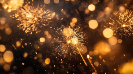 Fototapeta premium Bright golden and silver spherical fireworks on dark sky, illuminating surroundings and creating festive, celebratory ambiance