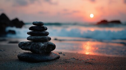 Fototapeta premium Zen Stones Stacked on Sandy Beach at Sunset, Ocean Waves in Background