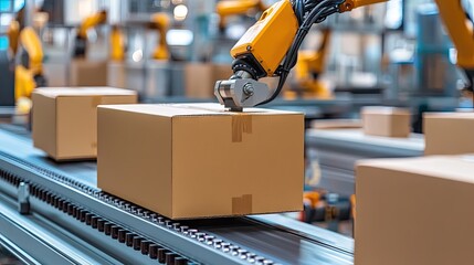 Cardboard box on high-speed production line with robotic arms in background, showcasing modern automated packaging processes
