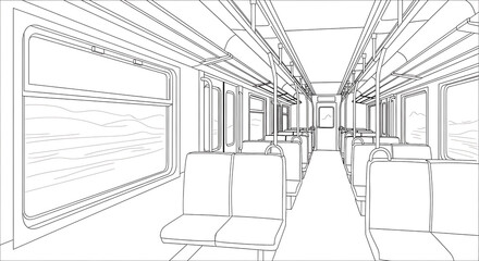 Obraz premium Line art illustration of empty train interior with seats and windows 