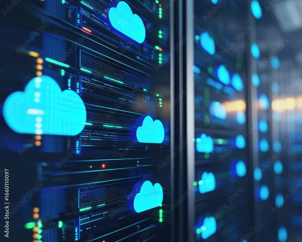 Poster server racks with glowing blue cloud icons symbolizing cloud computing, secure data storage and netw