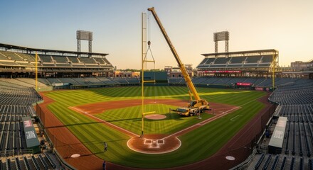 Wide aerial shot showing the boom crane lifting a vertical foul pole as part of pregame field setup at a professional baseball stadium.