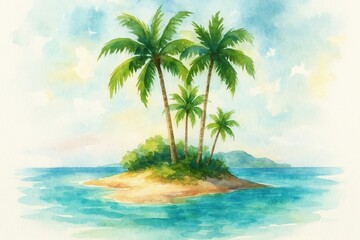 Tropical island watercolor illustration.