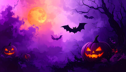 Eerie Halloween landscape featuring glowing jack-o'-lanterns and bats silhouetted against a mystical purple moonlit sky.