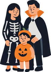 A family dressed in Halloween costumes poses together, with the mother in a skeleton outfit, the father in a vampire cape, and the child in a pumpkin costume.