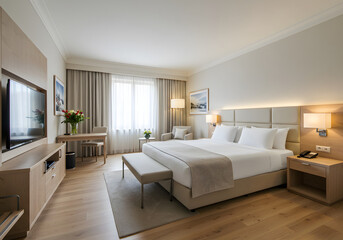 Modern Elegant Luxury Hotel Room with Neutral Tones and Natural Light